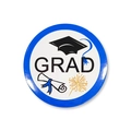 Detail of graduation badge with GRAD text, mortarboard and diploma on white background - GRAD Blue White Style (Style 9) / 58mm