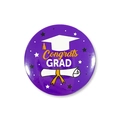 Detailed macro view of a purple circular graduation pin featuring Congrats GRAD text - Bright Purple Congrats GRAD Style (Style 12) / 58mm