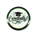 Detail of round graduation badge with Congrats text, mortarboard, and green stars design - Black Green White Congrats Style (Style 13) / 58mm