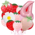 Kit di palloncini a tema fragola con palloncini a forma di margherita e numero 4 per bimbi - Set Fragola Numero Quattro