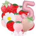 Detail of strawberry balloons set with number five for kids birthday party decoration - Strawberry Number Five Set