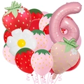 Detailed set of strawberry themed party balloons including a pink number 6 and daisies - Strawberry Number Six Set