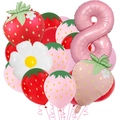 Pink number 8 foil balloon with strawberry balloons for fruit themed birthday party setup - Strawberry Number Eight Set