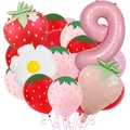 Detailed strawberry party kit with red and pink foil balloons for 9th birthday decor - Strawberry Number Nine Set