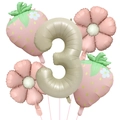 5-teiliges mattes Erdbeeren-Ballon-Set mit goldener Zahl 3 für Kindergeburtstage - Matte Erdbeere Nummer 3