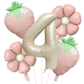 5-teiliges Geburtstagsballon-Set mit cremefarbener Nummer 4, Erdbeeren und Gänseblümchen - Matte Erdbeere Nummer 4