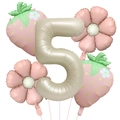 Matte cream number 5 balloon with pink strawberry and flower foil balloons set - Matte Strawberry Number 5