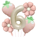 5-piece strawberry balloon set with gold number 6 and pink daisies for party decor - Matte Strawberry Number 6