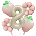 Set of 5 matte cream strawberry foil balloons including number 8 for birthday parties - Matte Strawberry Number 8