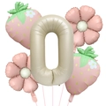 Pastel pink strawberry and flower foil balloons with cream number zero for party decor - Matte Strawberry Number 0