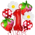 Erdbeer-Thema Erster Geburtstag Ballon-Set mit roter Nummer Eins und Gänseblümchen - Erdbeere Gänseblümchen Zahl 1 Set