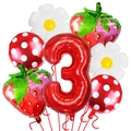 Erdbeer-Luftballon-Set mit großer Zahl 3 und Gänseblümchen für die Geburtstagsparty - Erdbeere Gänseblümchen Zahl 3 Set