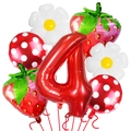 Erdbeer-Themen-Ballonset zum 4. Geburtstag mit roter Zahl Vier und Gänseblümchen-Ballons - Erdbeere Gänseblümchen Zahl 4 Set