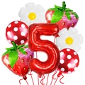 Set 7 palloncini fragola con numero 5 rosso per decorazione compleanno bimba 5 anni - Set Fragola Margherita Numero 5