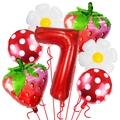 Dettaglio del set palloncini fragola con numero 7 rosso e accenti floreali di margherite - Set Fragola Margherita Numero 7