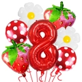 Dettaglio di palloncini a fragola, margherite e palloncino numero 8 rosso per feste - Set Fragola Margherita Numero 8