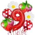 Set di 7 palloncini fragola con un grande numero 9 rosso e palloncini a margherita in foil - Set Fragola Margherita Numero 9