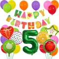 Detailed set of Hawaiian fruit-themed party decorations with balloons and birthday banner - Digital 5 Style (Fruit Banner Style 5)