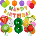 Hawaiian fruit theme birthday party set with number 8 balloon and colorful latex balloons - Digital 8 Style (Fruit Banner Style 8)
