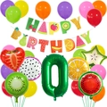 Macro detail of tropical fruit foil balloons and Happy Birthday banner for pool parties - Digital 0 Style (Fruit Banner Style 0)