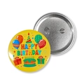 Detailed view of Happy Birthday tinplate badge with colorful letters and metal pin back - Yellow Classic Birthday (1) / 58mm / Yellow