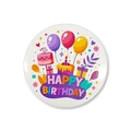 Macro shot of Happy Birthday tinplate badge with colorful balloons and cake illustrations - White Birthday Illustration (3) / 58mm / White