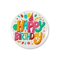 Close-up of a round Happy Birthday tinplate badge with colorful party balloons and stars - White 3D Text (7) / 58mm / White