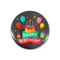 Detailed view of a black Happy Birthday tinplate badge with colorful cake and balloons - Black Cake Balloon (8) / 58mm / Black