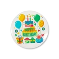 Detail of a round Happy Birthday tin badge with colorful cake and balloon illustrations - White Festive Illustration (9) / 58mm / White