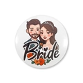 Spilla rotonda in latta con sposi cartone animato e scritta Bride per addio al nubilato - Sposa