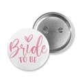 Detailed view of Team Bride tinplate badge showing front design and pin-back closure - 58mm / Bride To Be Style / White