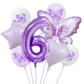 Purple butterfly 6th birthday balloon set with foil number and latex butterfly prints - Number 6 Set