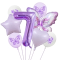 Detail of purple butterfly party balloon set with giant foil number 7 and heart shapes - Number 7 Set