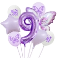 Detail of purple butterfly party balloon set with foil stars and number nine - Number 9 Set