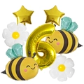 Détail du set de ballons abeille et marguerite avec étoile dorée et chiffre six de fête - Numéro 6, Abeille, Marguerite, Étoile