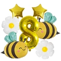 Détail du kit de 7 ballons abeille et marguerite avec chiffre 8 doré pour décoration - Numéro 8, Abeille, Marguerite, Étoile