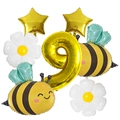 Détail de ballons abeille et marguerite avec décorations en aluminium étoile dorée et chiffre 9 - Numéro 9, Abeille, Marguerite, Étoile