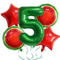Watermelon party balloon set with green number 5, star and fruit patterns on white background - Watermelon Set 5
