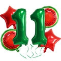 Detail of watermelon theme party balloon set with foil numbers, stars and fruit prints - Watermelon Set 11