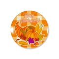 Round Happy Thanksgiving badge featuring cornucopia and pumpkin on orange plaid - 58mm / Plaid Cornucopia