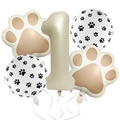 5-piece animal paw print balloon set with beige number 1 and paw-shaped foil balloons - Number 1 Set
