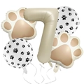Detail of 5-piece pet theme party set with beige number 7 and paw print foil balloons - Number 7 Set