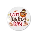 Round Happy Turkey Day tinplate badge featuring a cartoon turkey and autumn leaves - 58mm / Happy Turkey Day