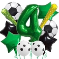 Detail of soccer themed party set featuring large green number 4 and football foil balloons - Number 4 Set