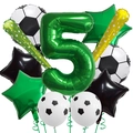 Detail of football party kit with green number 5 foil balloon and star shaped balloons - Football Theme Set 5 (Number 5)
