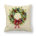 Christmas wreath cushion cover made of peach skin fabric with a red ribbon bow - Red Ribbon Christmas Leaves Wreath Style (15)