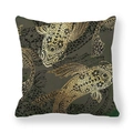 Detailed pattern of golden koi fish and floral motifs on green peach skin pillowcase - 18x18 Inch