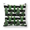 Detail view of square pillowcase with black stripes and green cactus patterns - Green Cactus B&W Horizontal Stripes (13)