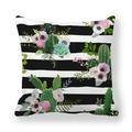 Detail of floral cactus illustration on black and white striped peach skin pillowcase - Cactus Succulent Floral B&W Horizontal Stripes (14)