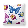 Détail de l'imprimé papillon et pensées sur la housse de coussin décorative en peau de pêche - Papillon Bleu Pensée (10) / 45x45 cm